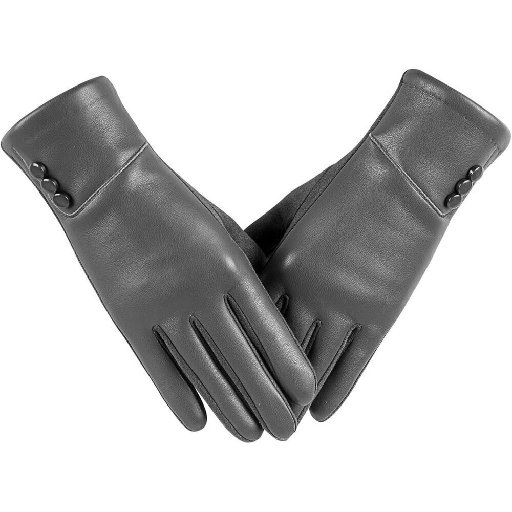 🆕Women's Grey Winter Fashion Leather Windproof Warm Suede Driving Dress Gloves